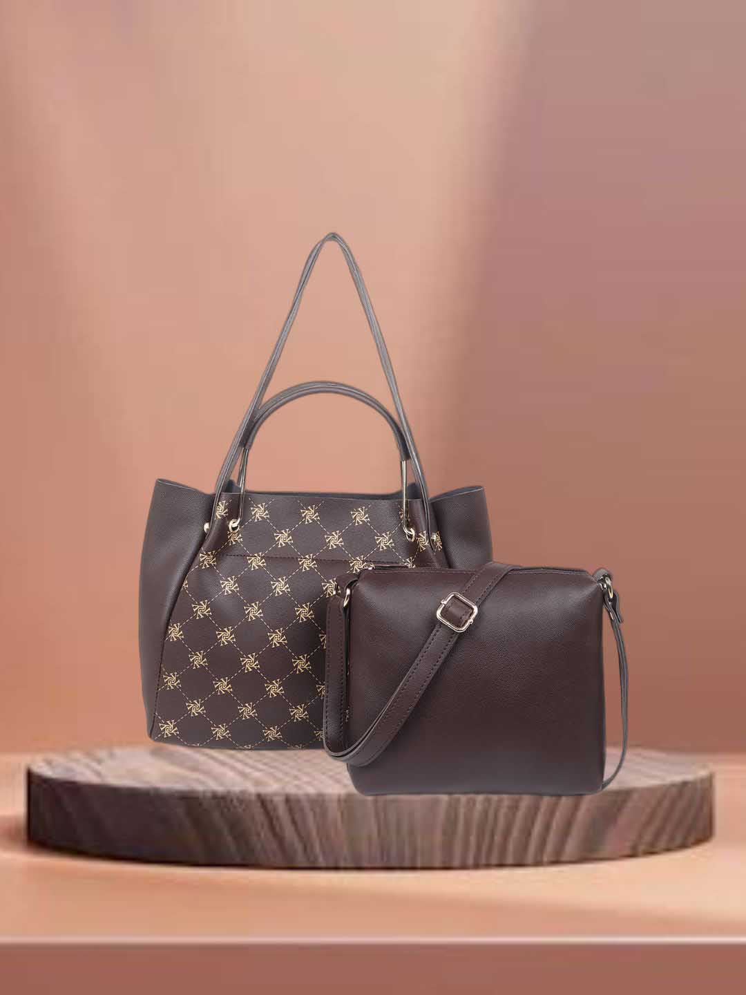 

yelloe Set Of 2 Geometric Printed Swagger Handheld Bag, Coffee brown