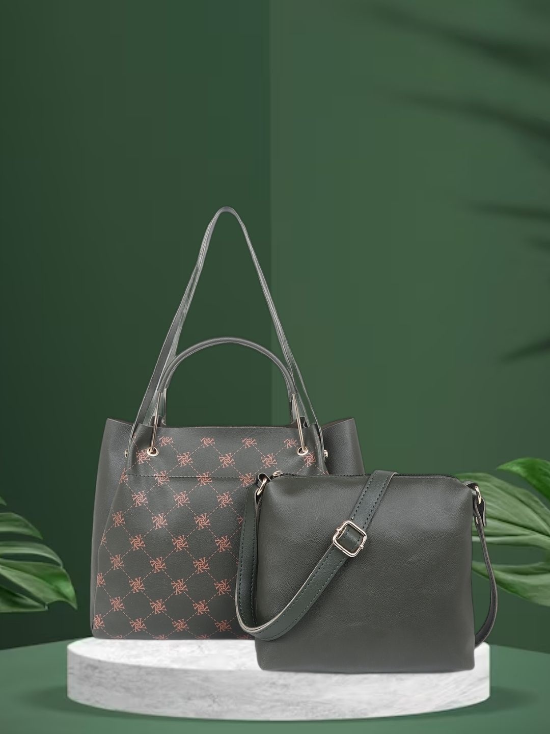 

yelloe Iconic Logo Printed Green Handbag With Pouch