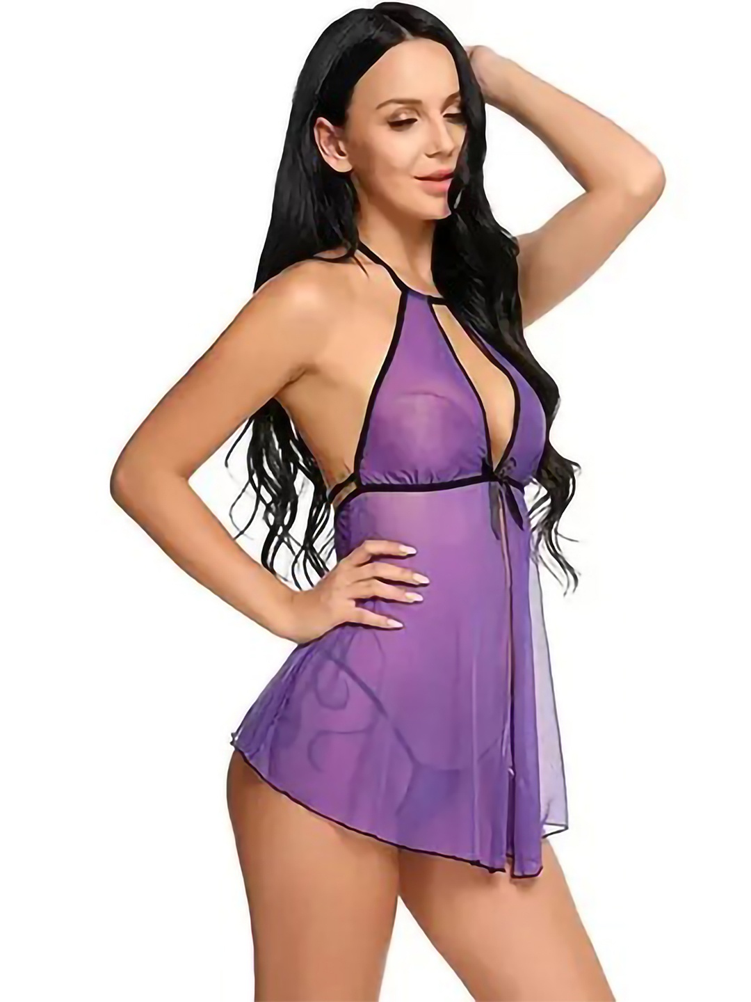 

AROUSY Halter Neck Net Baby Doll, Purple