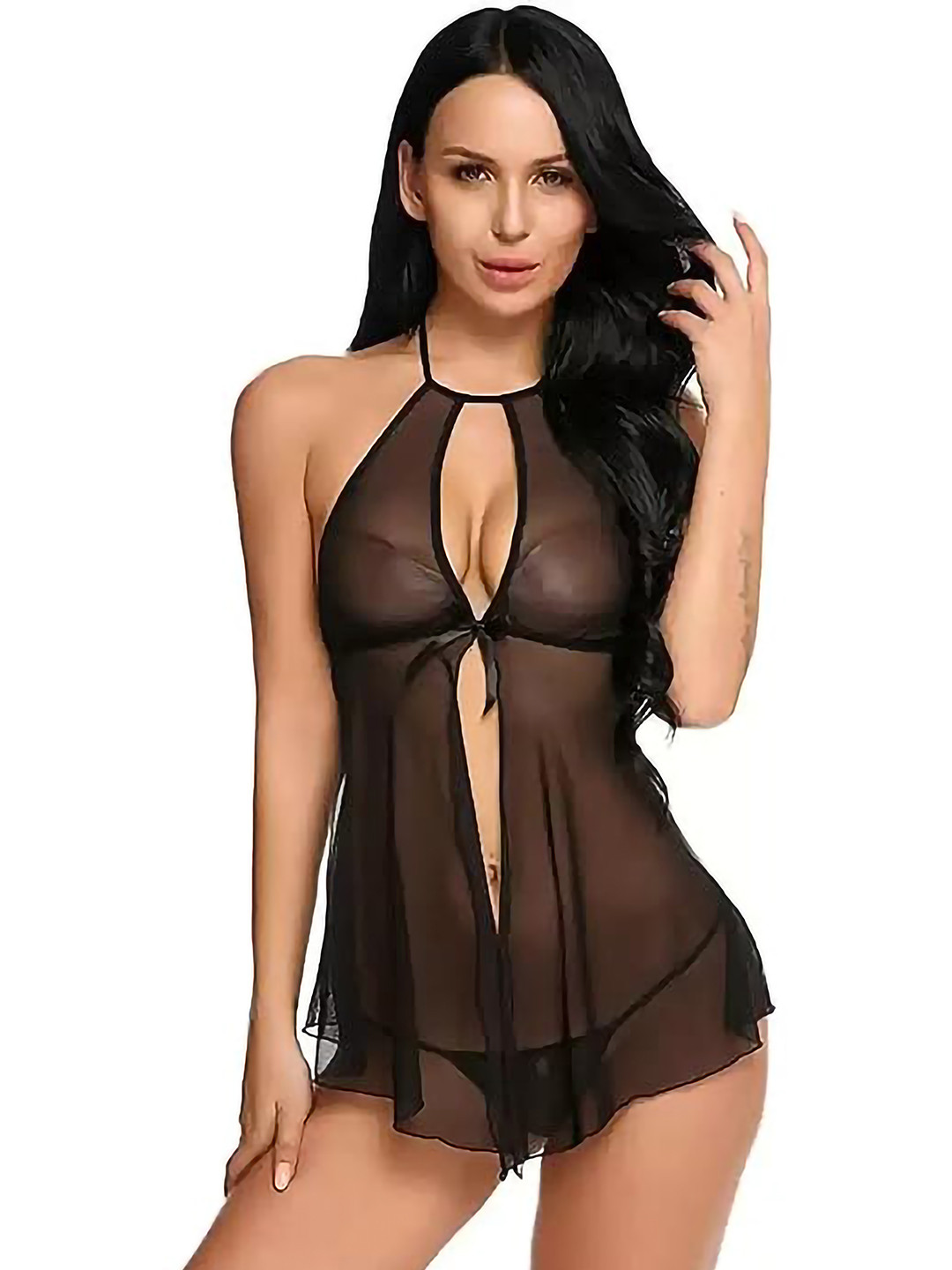 

AROUSY Halter Neck Net Baby Doll, Black