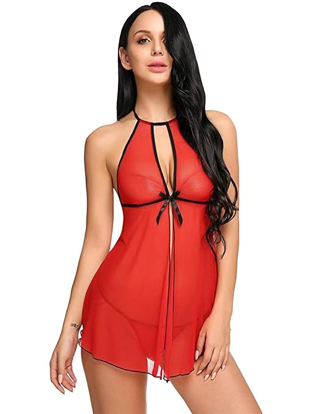 

AROUSY Halter Neck Net Baby Doll, Red