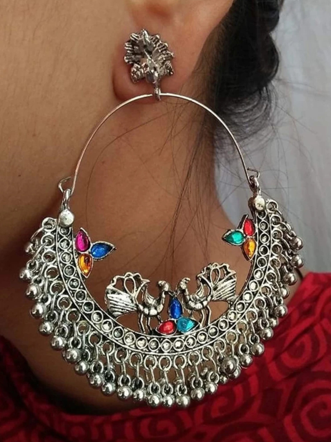 

PRASUB Silver-Plated Stones Studded Beads Beaded Circular Drop Earrings