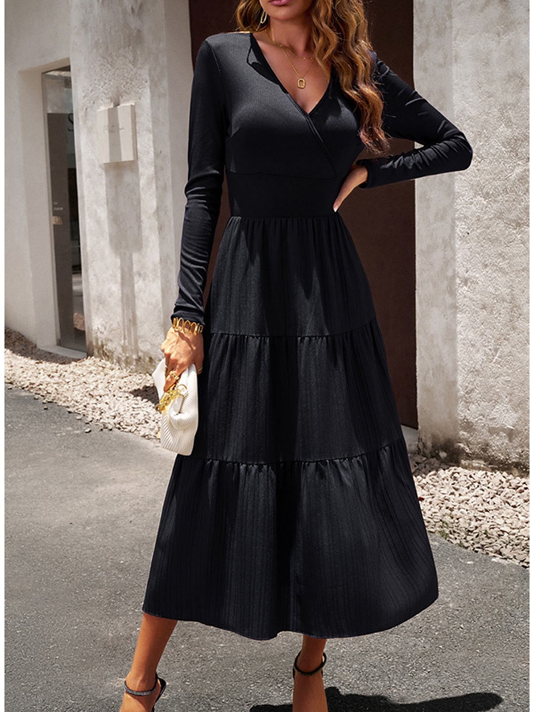 

StyleCast Black V-Neck Tiered Midi Fit and Flare Dress