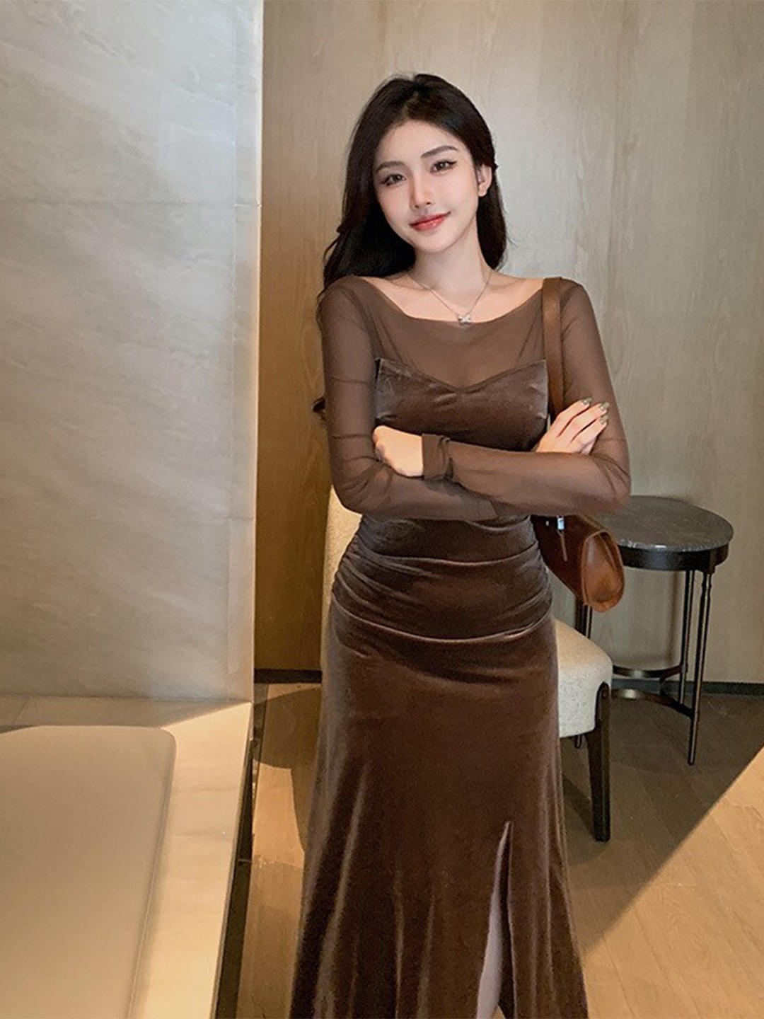 

StyleCast Brown Long Sleeves Bodycon Maxi Dress