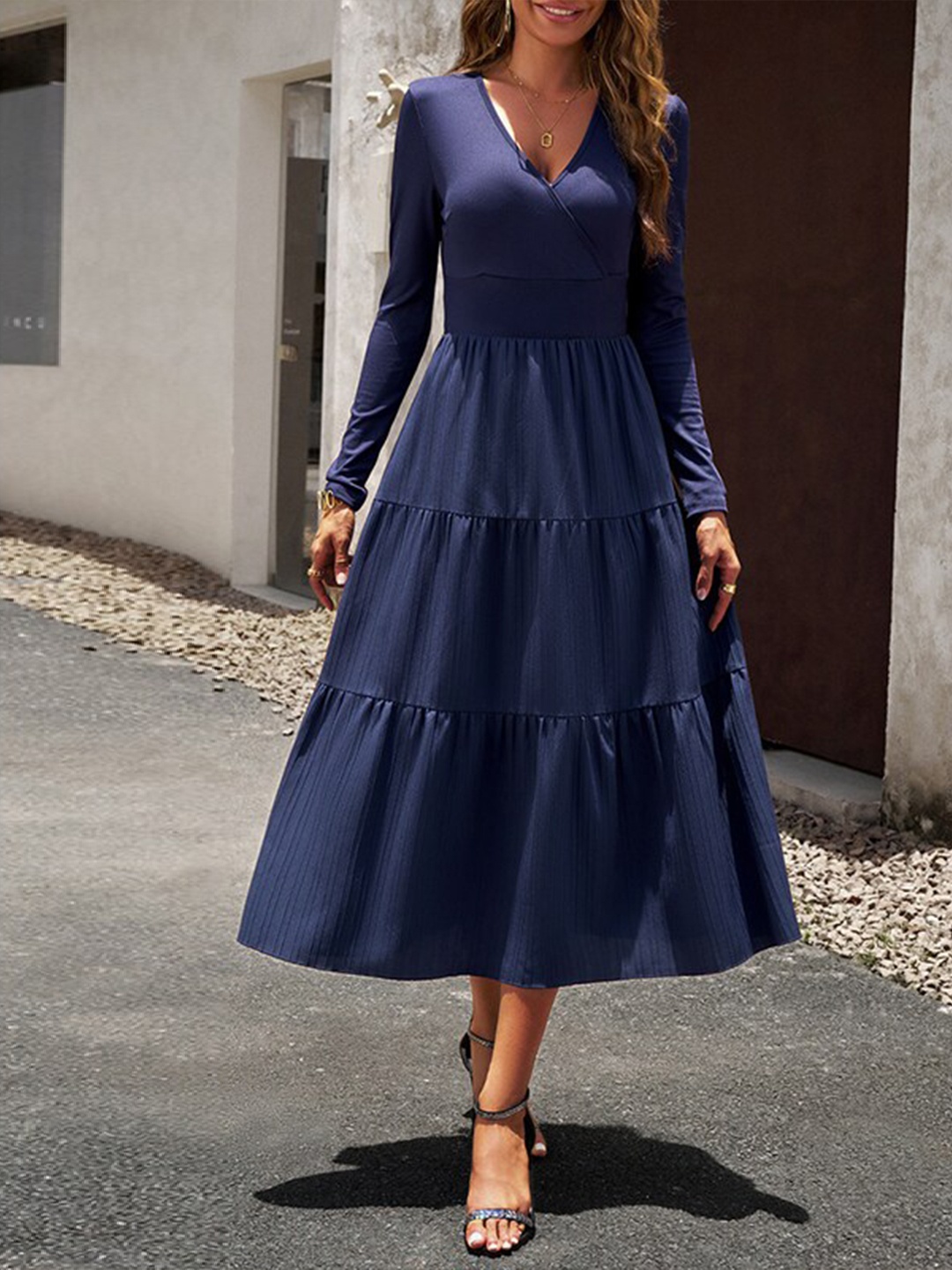 

StyleCast Blue V-Neck Tiered Midi Fit and Flare Dress