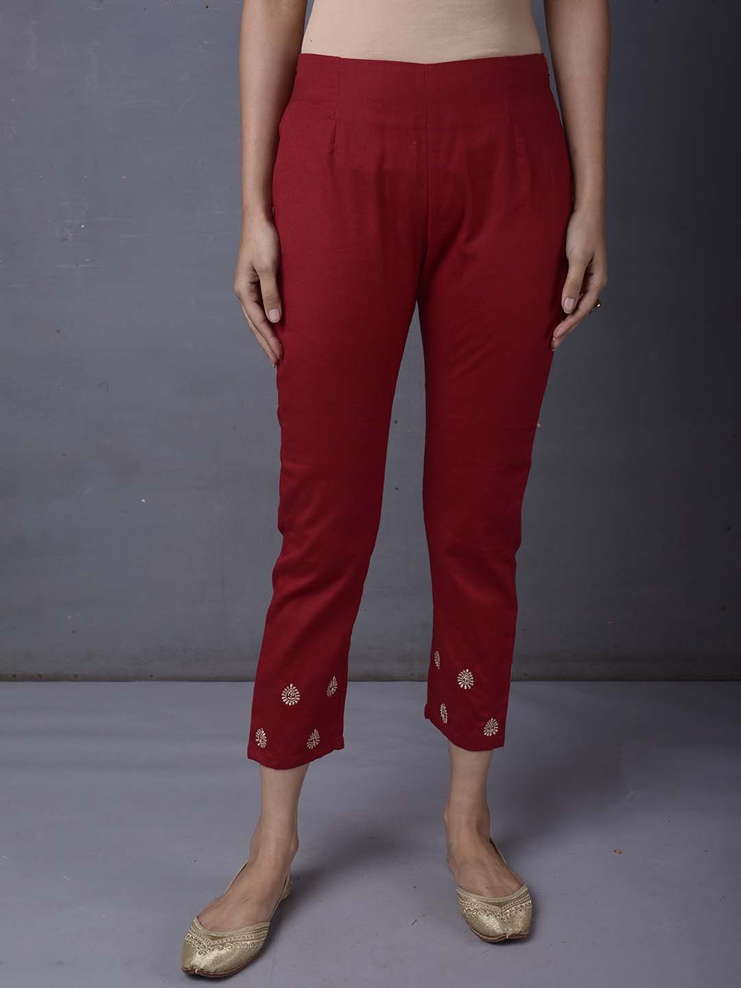 

PINKSKY Women Relaxed Straight Fit Cropped High-Rise Easy Wash Cotton Trousers, Red