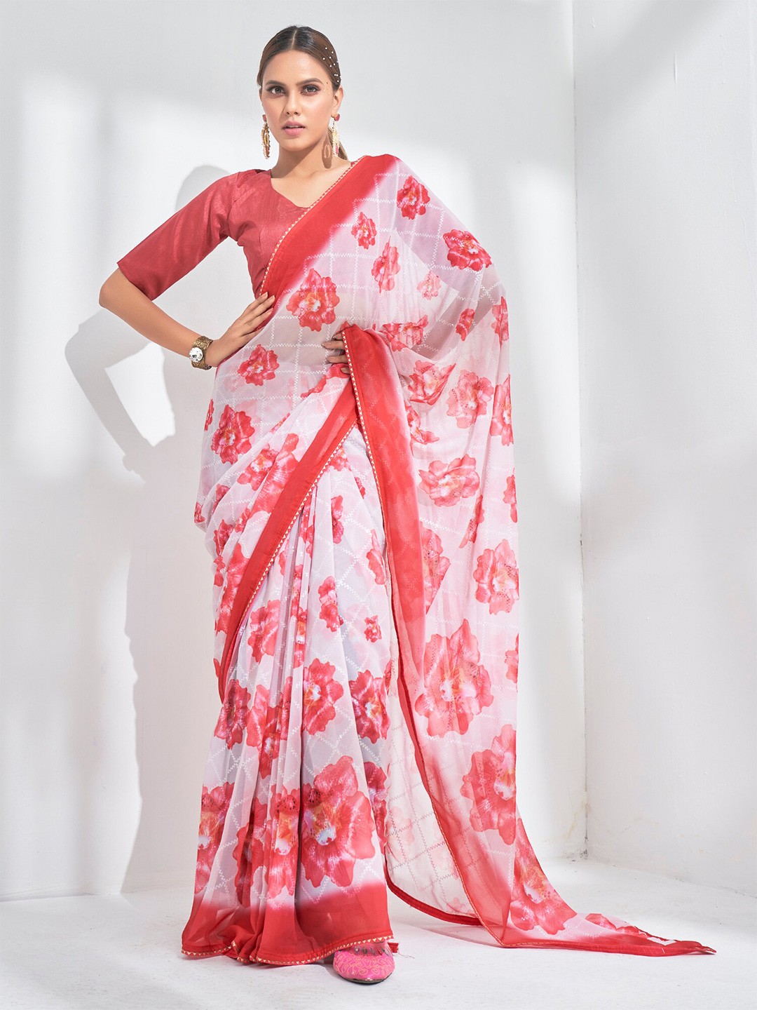 

Mitera White & Red Floral Printed Sequinned Pure Georgette Designer Saree
