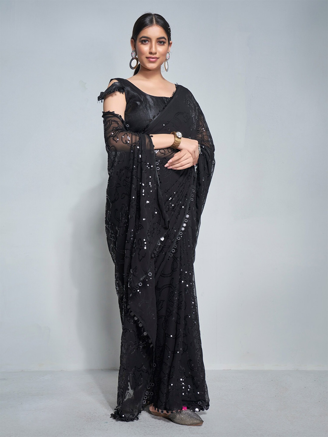 

Mitera Black Floral Embellished Sequinned Pure Georgette Designer Saree