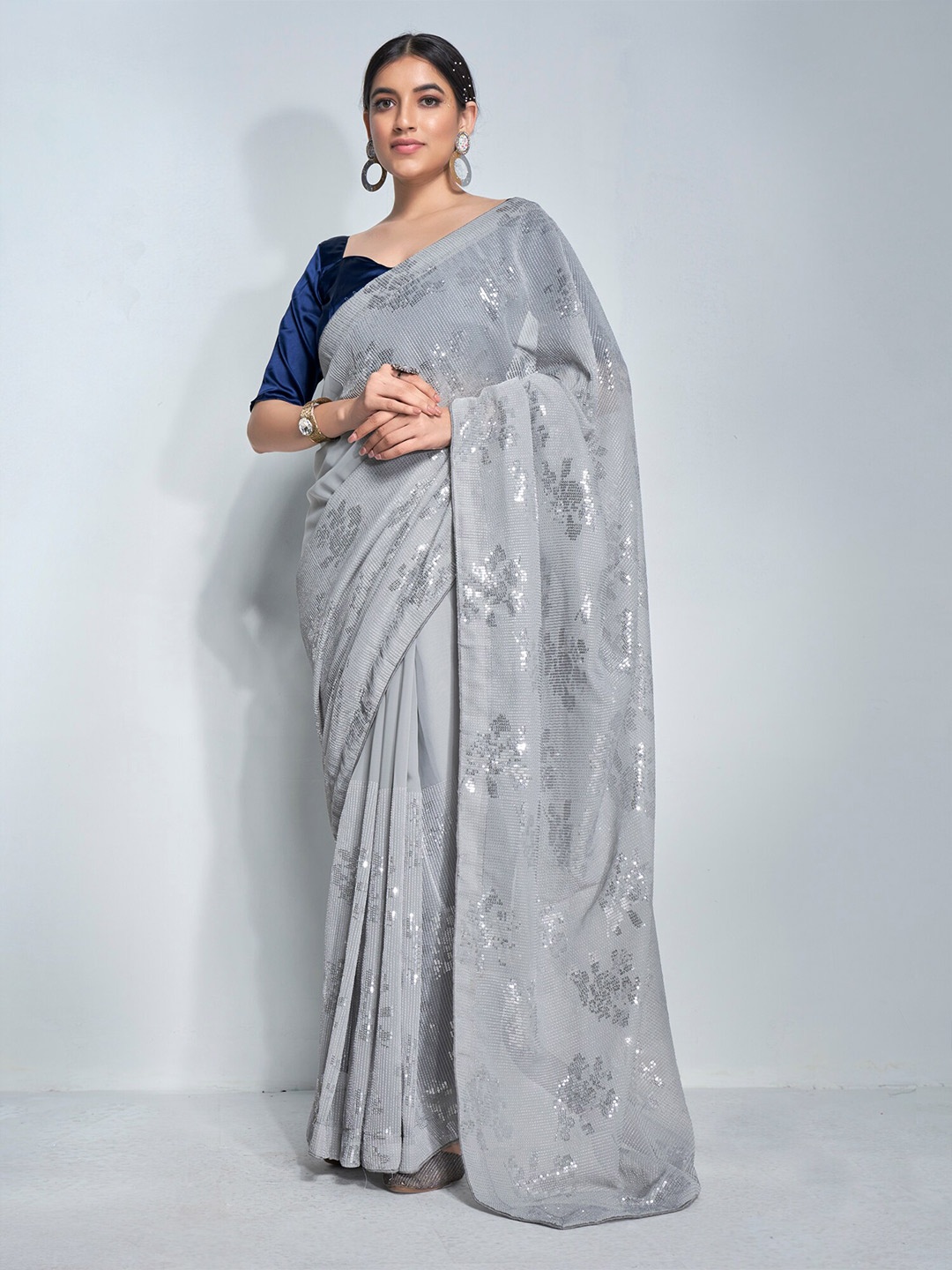 

Mitera Grey & Silver-Toned Floral Embellished Sequinned Pure Georgette Designer Saree