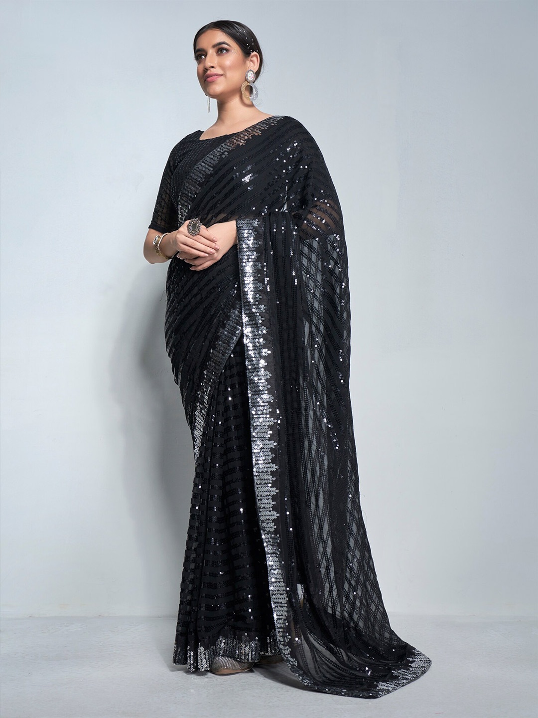 

Mitera Embellished Sequinned Pure Georgette Saree, Black
