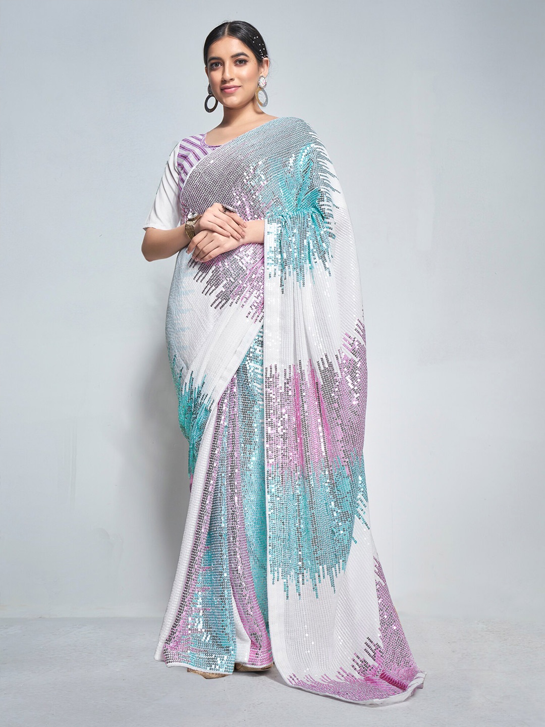

Mitera White & Pink Abstract Embellished Sequinned Pure Georgette Designer Saree