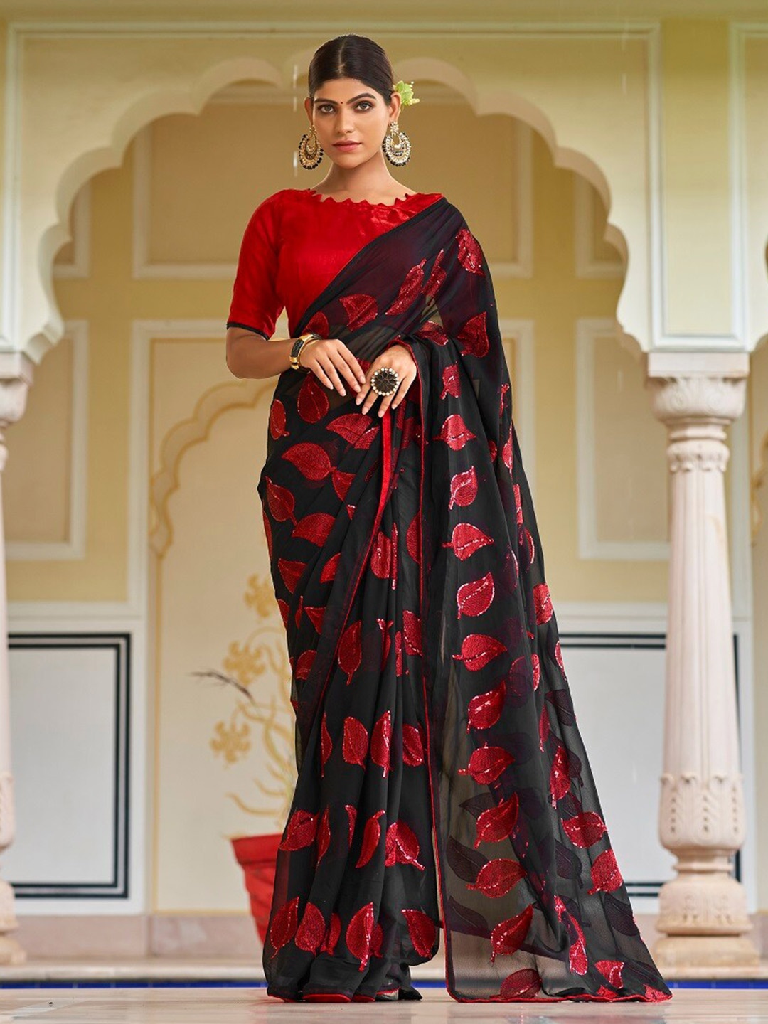 

Mitera Black & Red Floral Embellished Sequinned Pure Georgette Saree