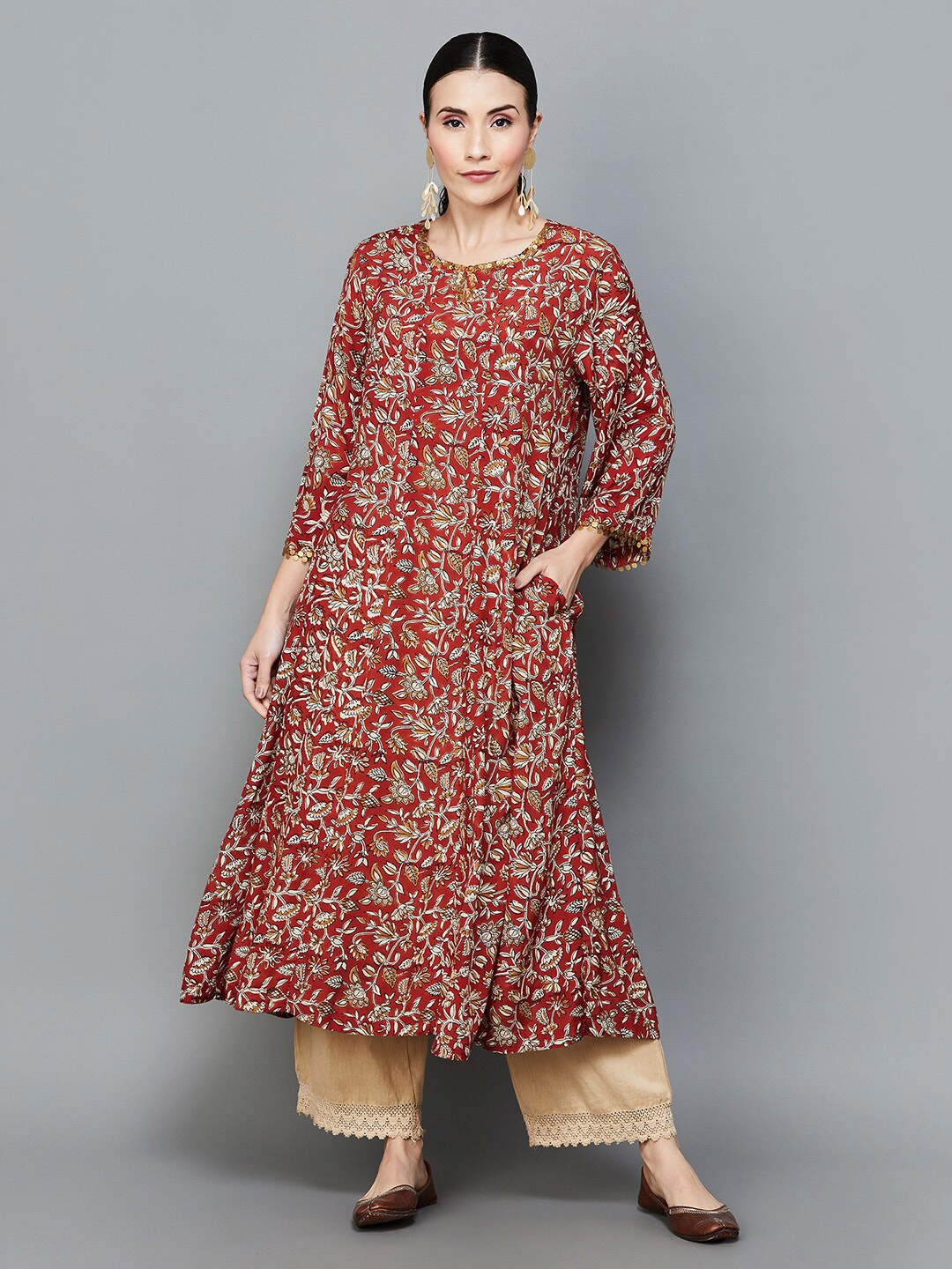 

Melange by Lifestyle Floral Printed Modal A-Line Kurta, Red