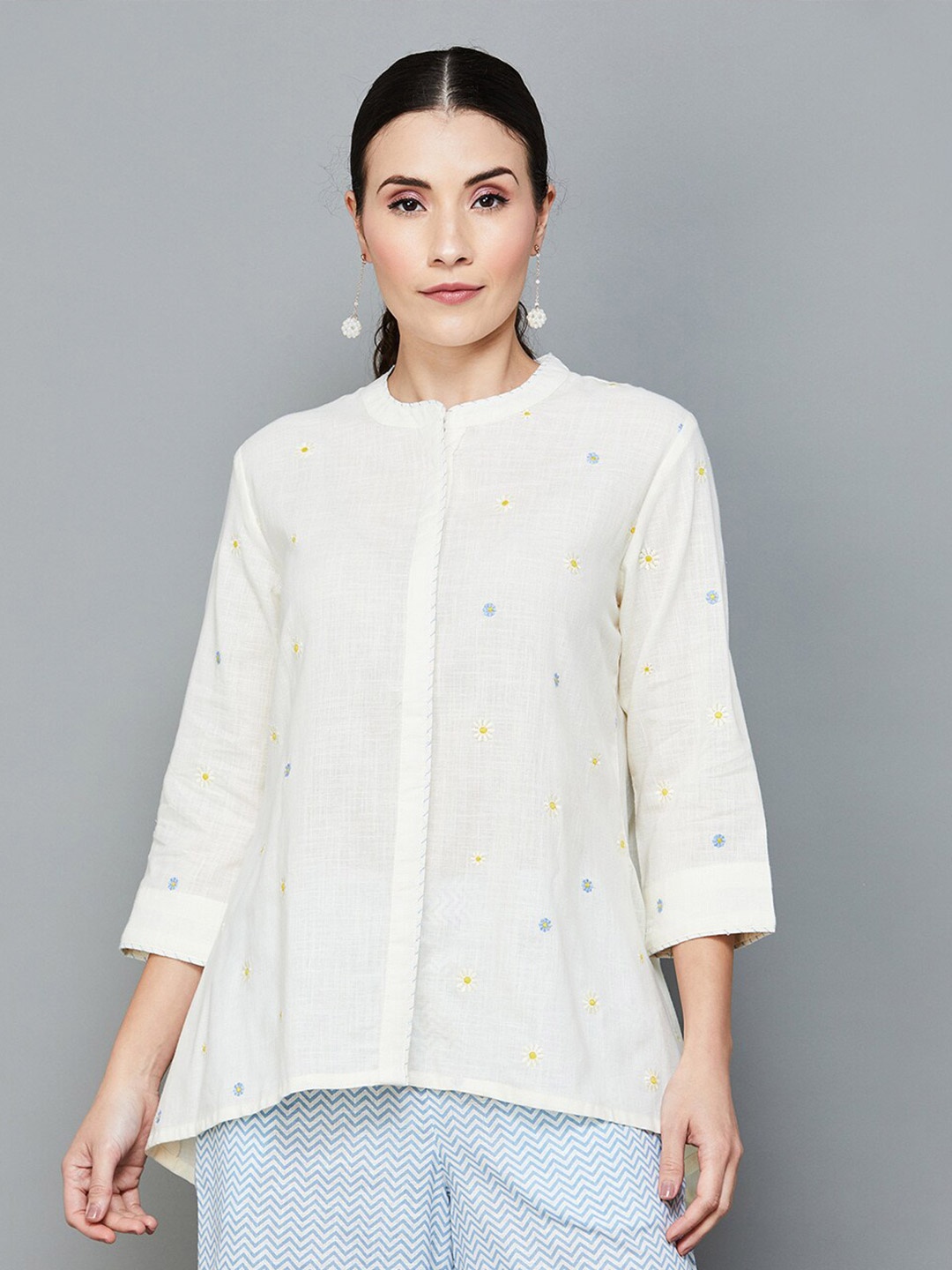 

Melange by Lifestyle Floral Printed Mandarin Collar Pure Cotton Tunic, Off white