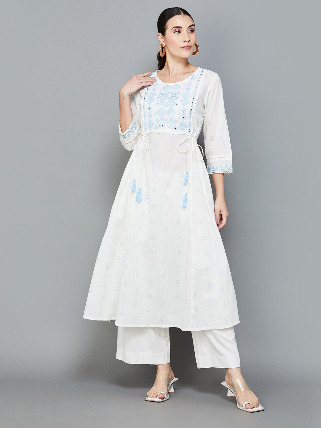 

Melange by Lifestyle Geometric Printed Pure Cotton Anarkali Kurta, White
