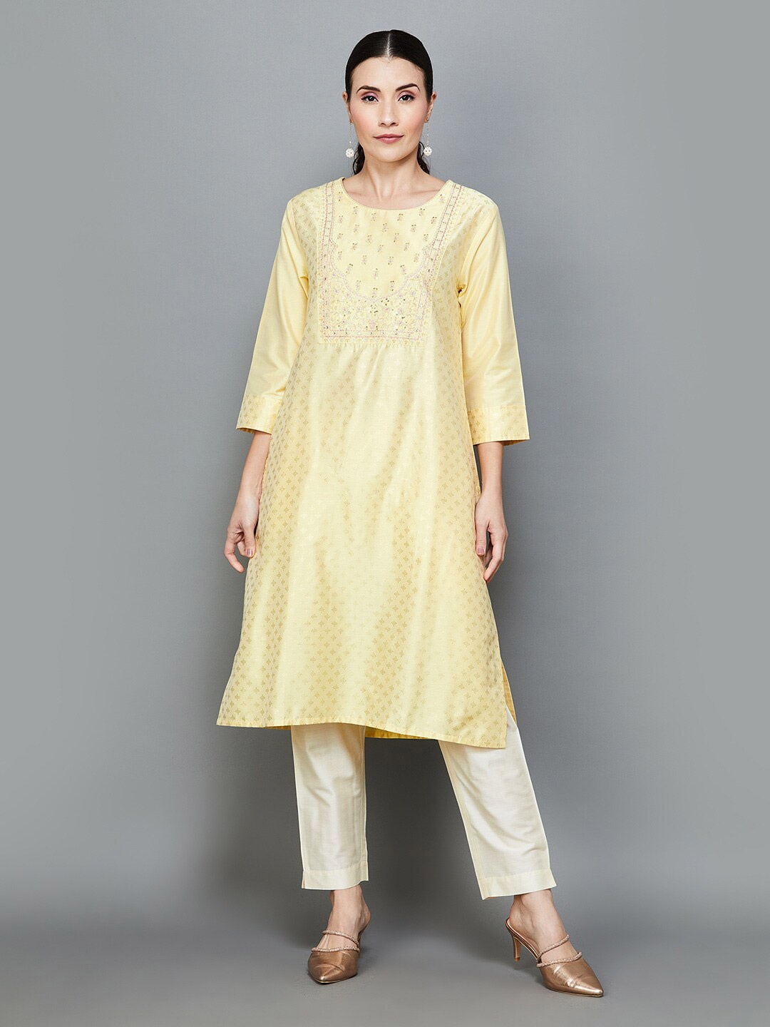 

Melange by Lifestyle Ethnic Motifs Printed Straight Kurta with Trousers, Yellow