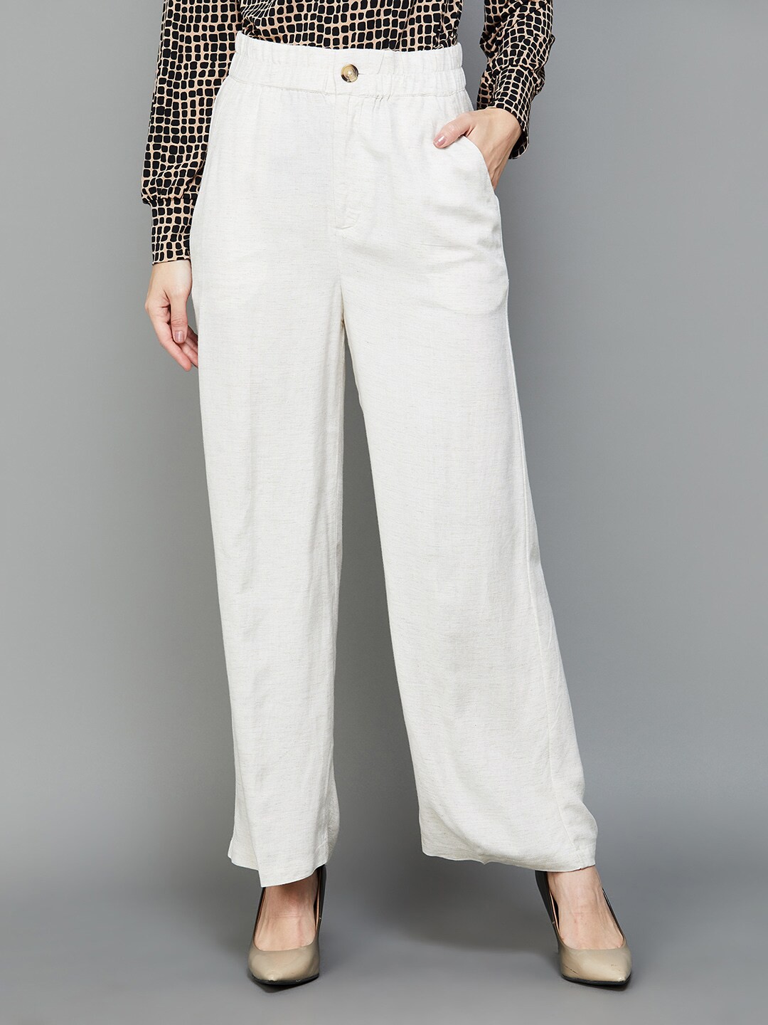 

CODE by Lifestyle Women Button Mid-Rise Regular Fit Parallel Trousers, White
