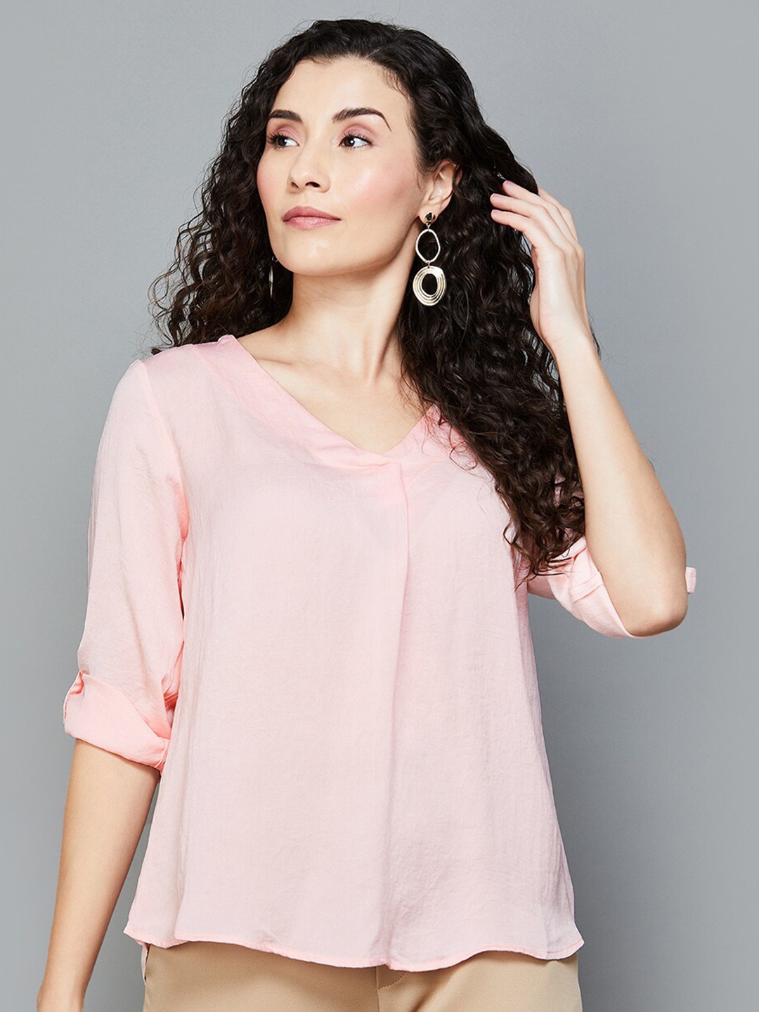 

CODE by Lifestyle V-Neck Roll-Up Sleeves Top, Pink