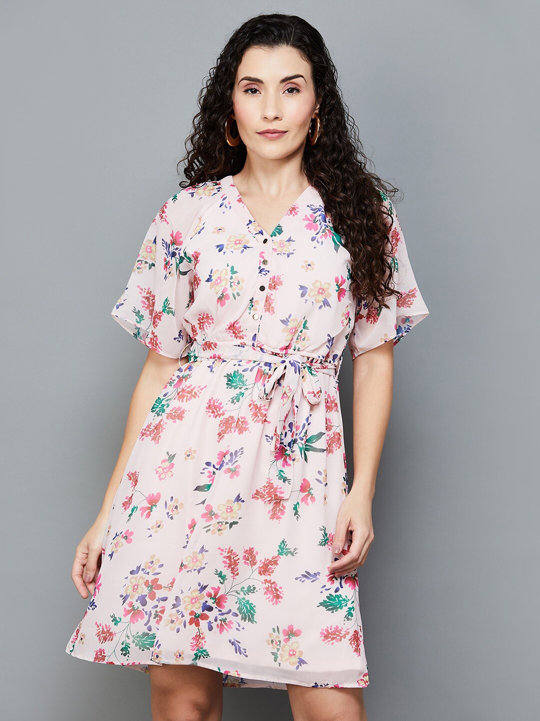 

CODE by Lifestyle Floral Printed V-Neck Raglan Sleeves A-Line Dress With Belt, Pink