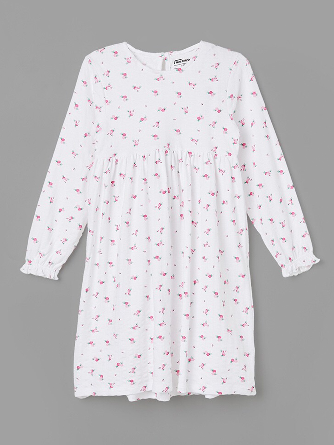 

Fame Forever by Lifestyle Floral Printed Puff Sleeves Pure Cotton A-Line Dress, White