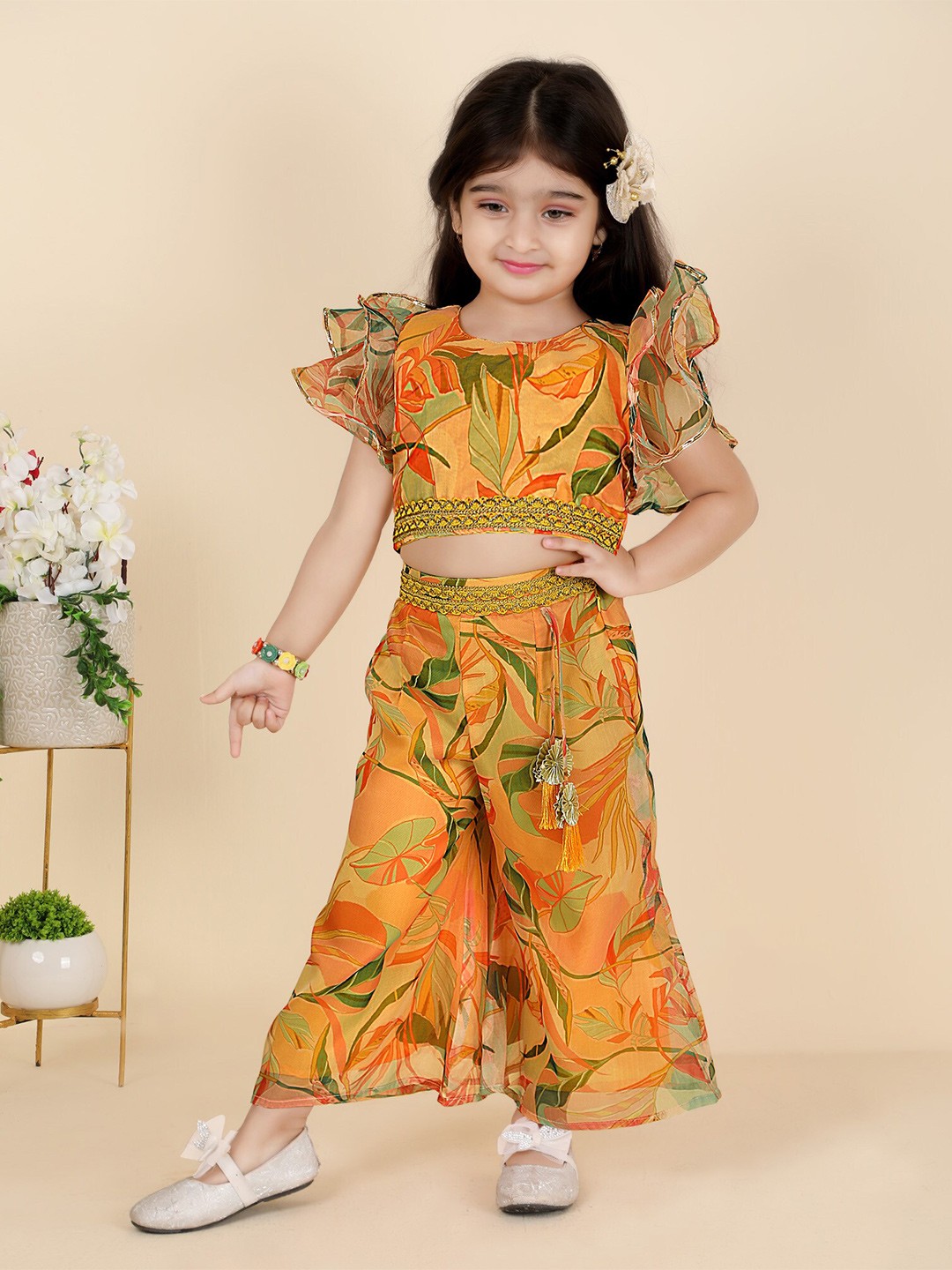 

KIDS FARM Girls Floral Printed Flutter Sleeves Lace Detail Crop Top With Palazzos, Orange