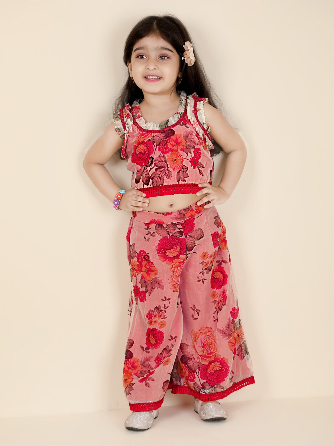 

KIDS FARM Girls Floral Printed Sleeveless Crop Top With Palazzos, Red