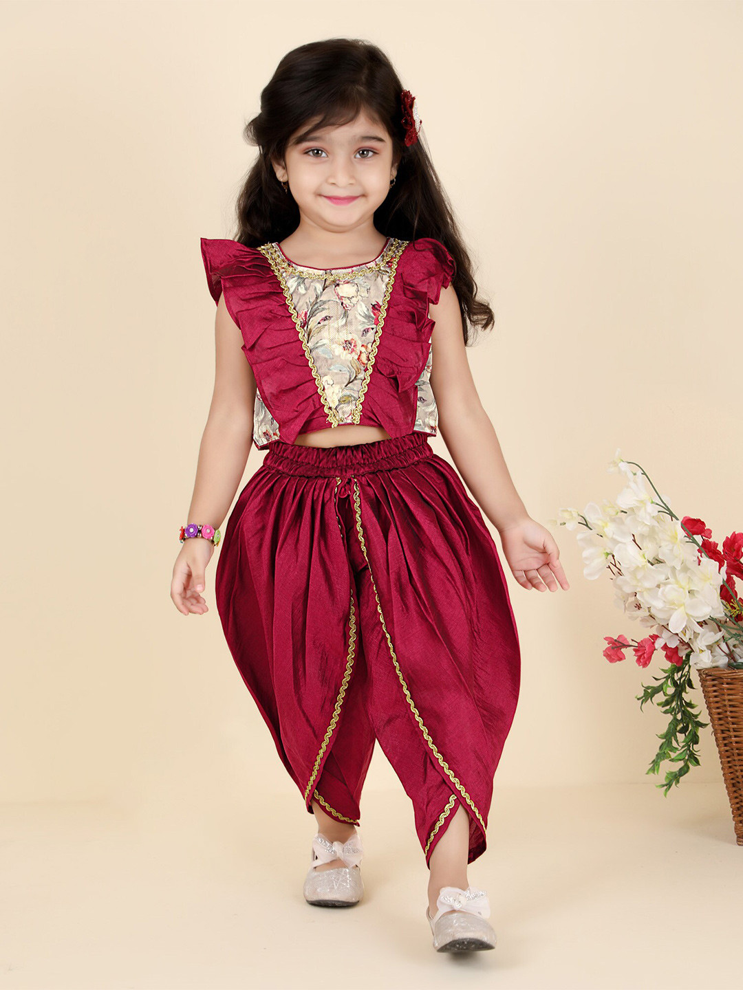 

KIDS FARM Girls Floral Printed Lace Detail Crop Top With Dhoti Pants, Maroon