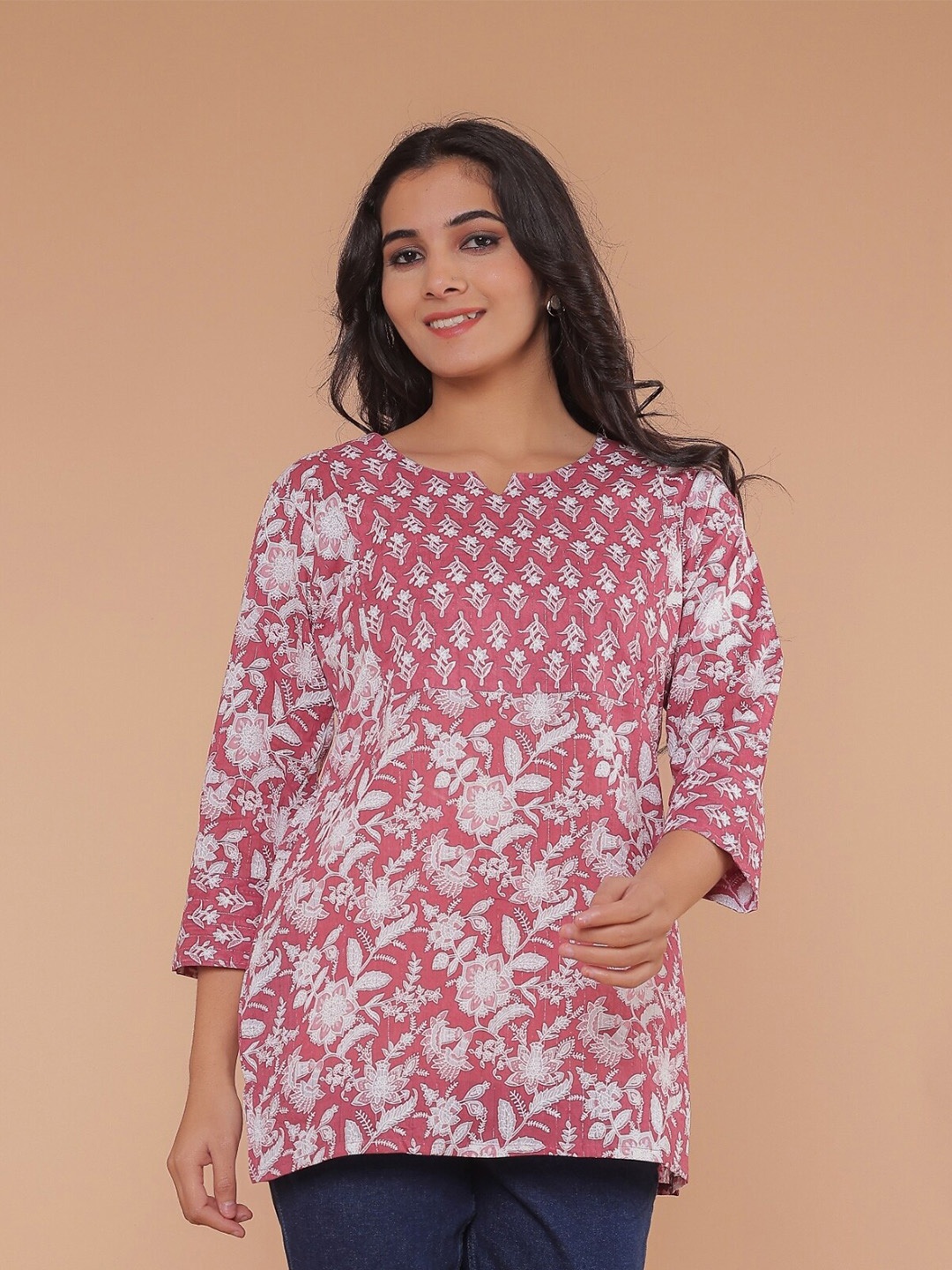 

R RANAK CREATION Floral Printed Round Neck Cotton Longline Top, Pink