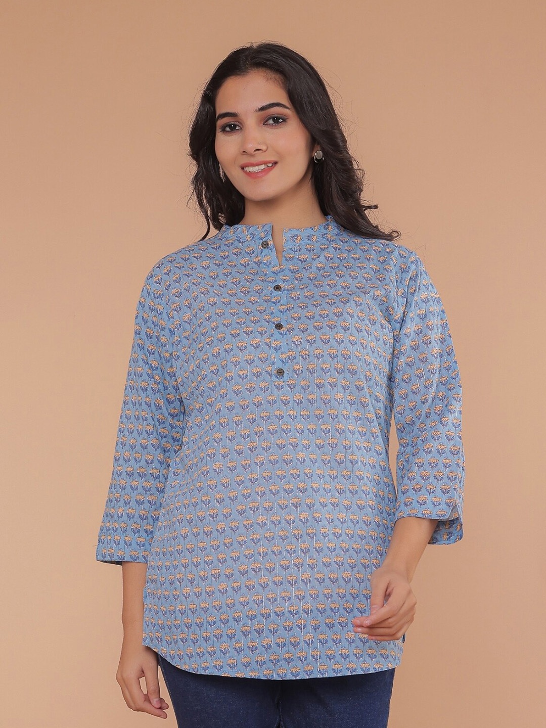 

R RANAK CREATION Ethnic Motifs Printed Mandarin Collar Cotton Longline Top, Blue