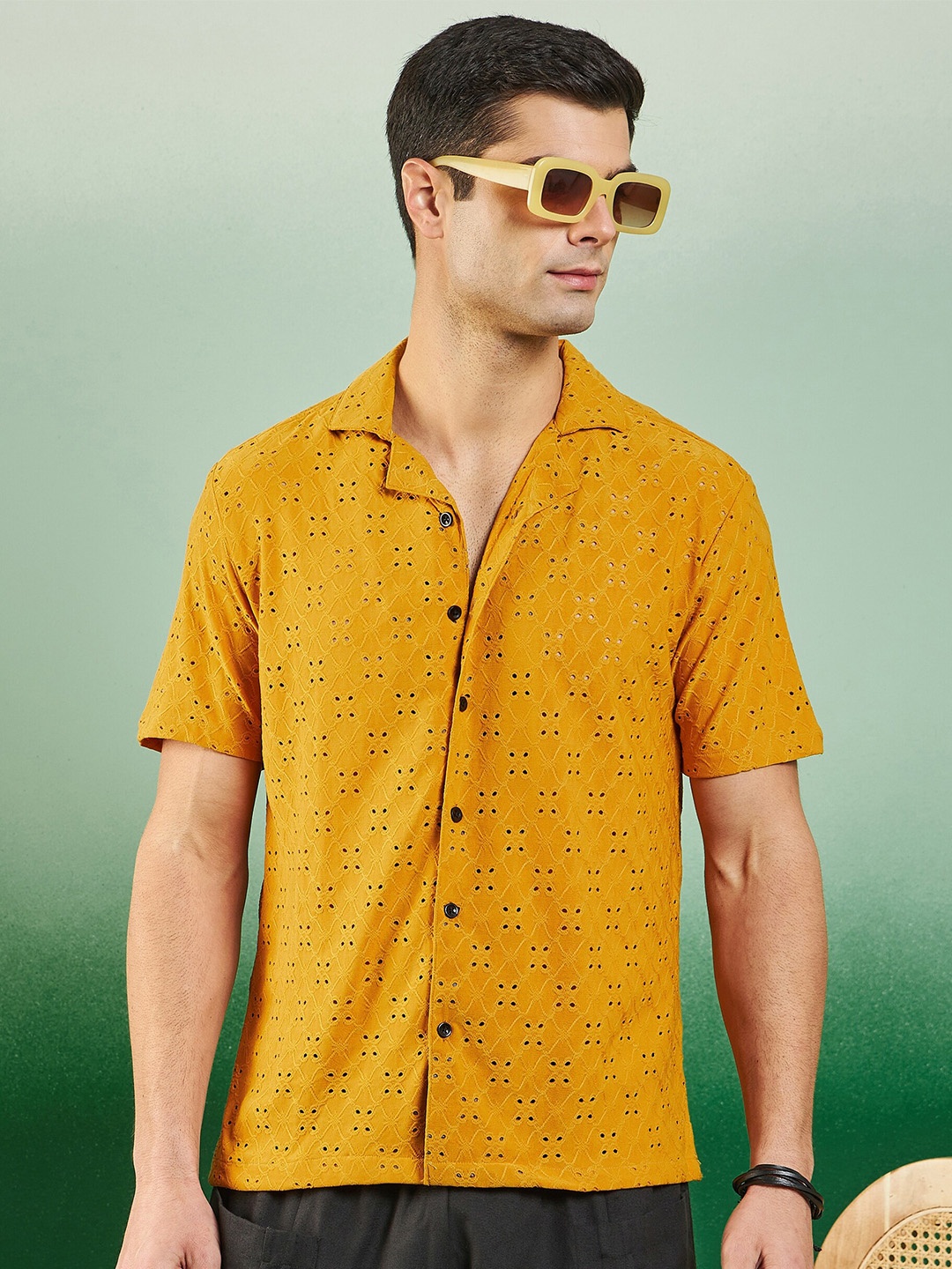 

Sangria Self-Embroidered Schiffli Resort Shirt, Mustard