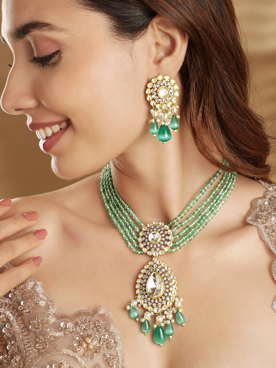 

Rubans 22K Gold Plated Polki & CZ Studded Mint Green Beaded Multilayered Jewellery Set