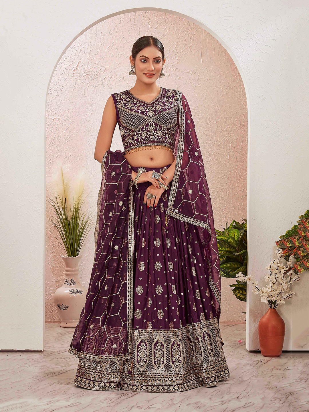 

Chandbaali Embellished Beads & Stones Ready To Wear Lehenga & Blouse With Dupatta, Burgundy