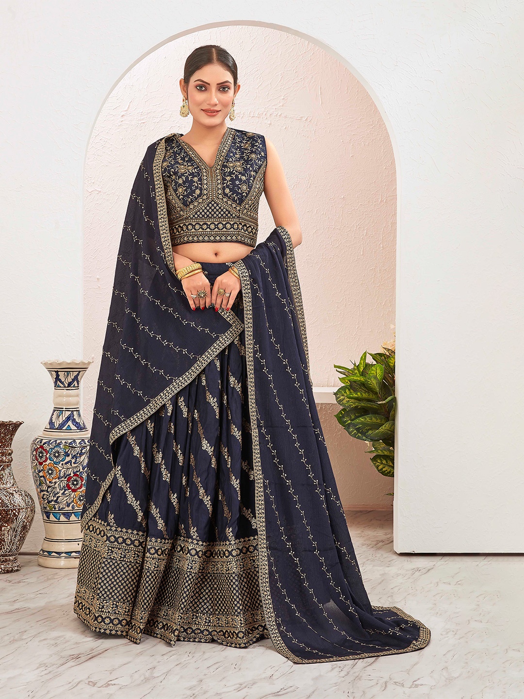 

Chandbaali Embroidered Ready to Wear Lehenga & Blouse With Dupatta, Navy blue