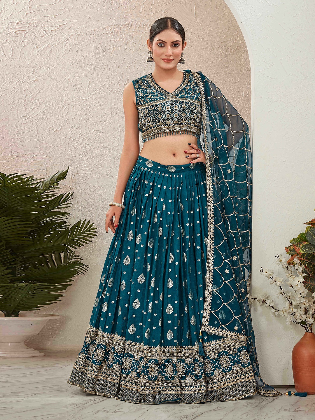 

Chandbaali Embroidered Thread Work Ready to Wear Lehenga & Blouse With Dupatta, Blue