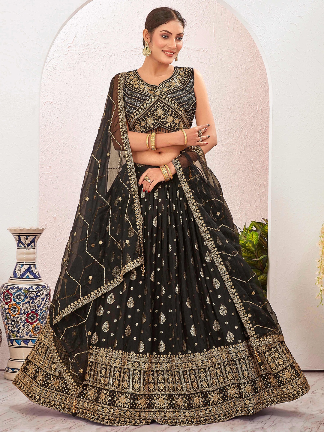 

Chandbaali Embroidered Ready to Wear Lehenga & Blouse With Dupatta, Black