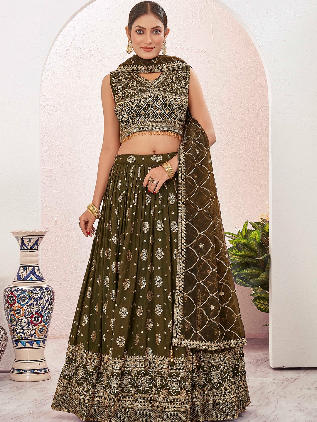 

Chandbaali Embroidered Mirror Work Ready to Wear Lehenga & Blouse With Dupatta, Green