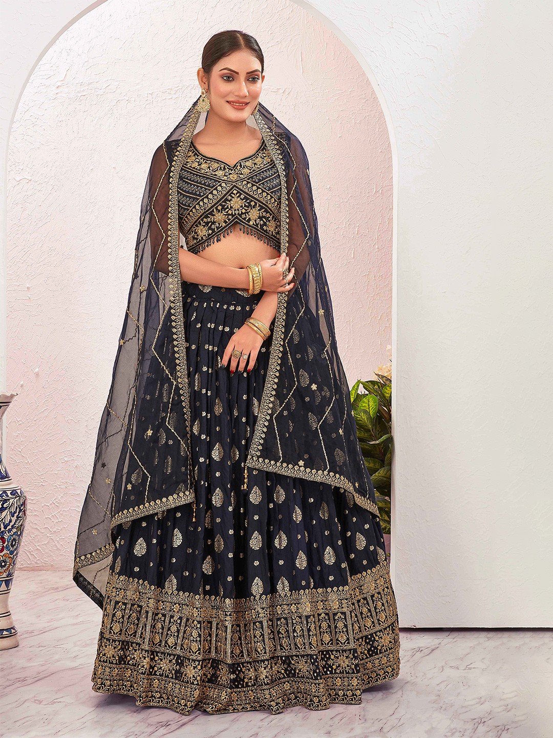 

Chandbaali Embroidered Ready to Wear Lehenga & Blouse With Dupatta, Navy blue