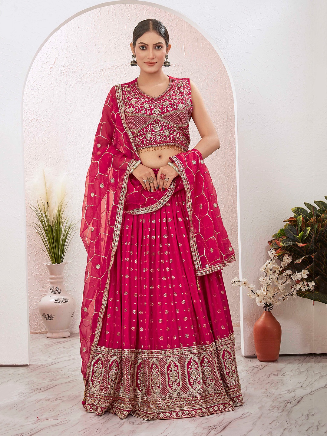 

Chandbaali Embellished Beads & Stones Ready To Wear Lehenga & Blouse With Dupatta, Pink