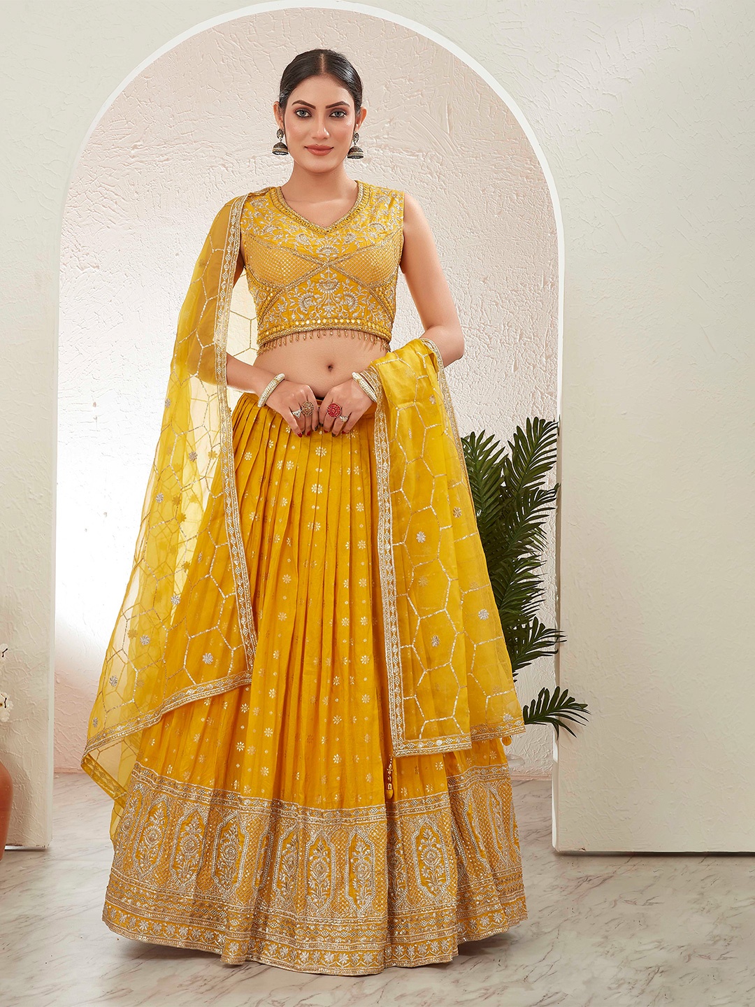 

Chandbaali Embroidered Mirror Work Ready to Wear Lehenga & Blouse With Dupatta, Yellow
