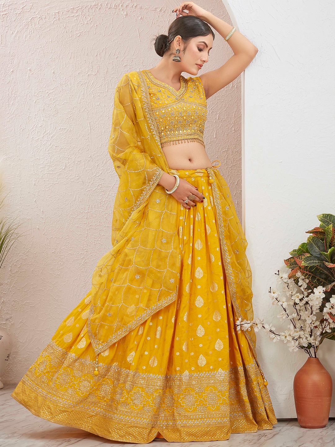 

Chandbaali Embellished Beads & Stones Ready To Wear Lehenga & Blouse With Dupatta, Yellow