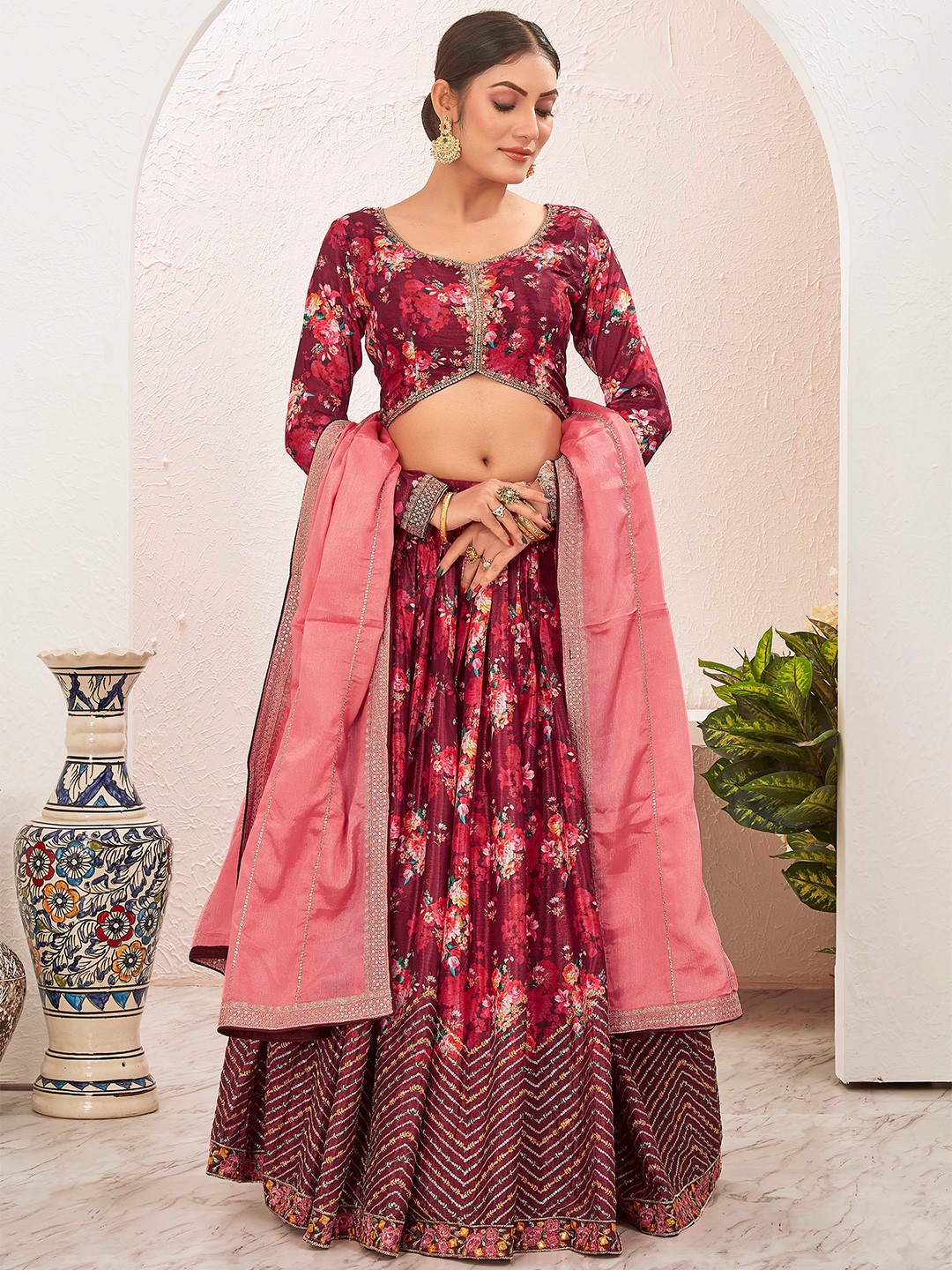 

Chandbaali Embroidered Ready to Wear Lehenga & Blouse With Dupatta, Coffee brown