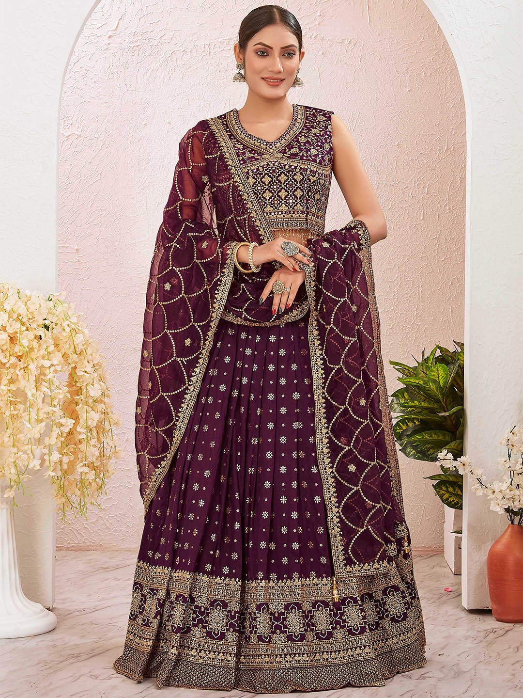 

Chandbaali Embroidered Ready to Wear Lehenga & Blouse With Dupatta, Burgundy