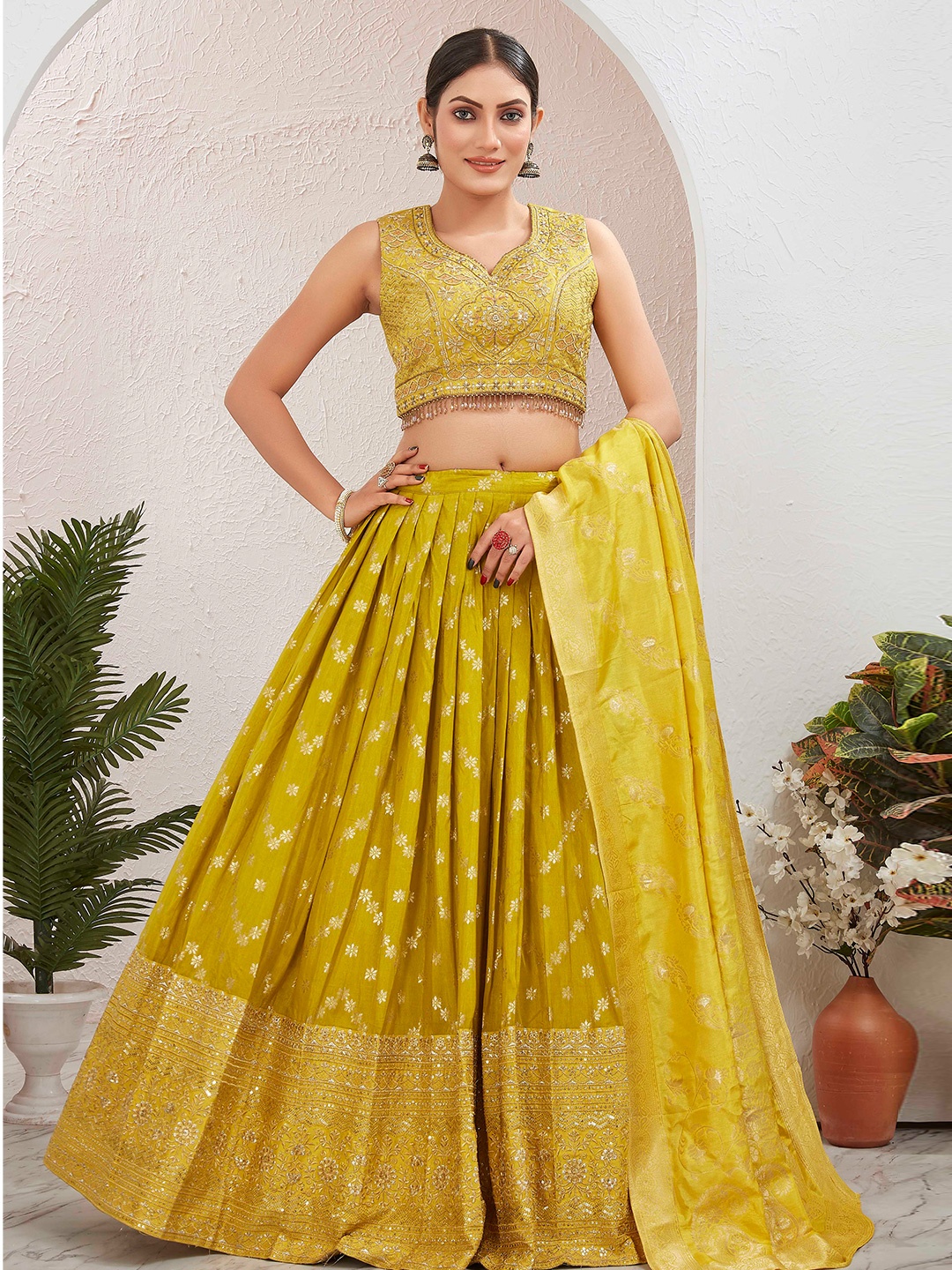 

Chandbaali Embroidered Ready to Wear Lehenga & Blouse With Dupatta, Yellow