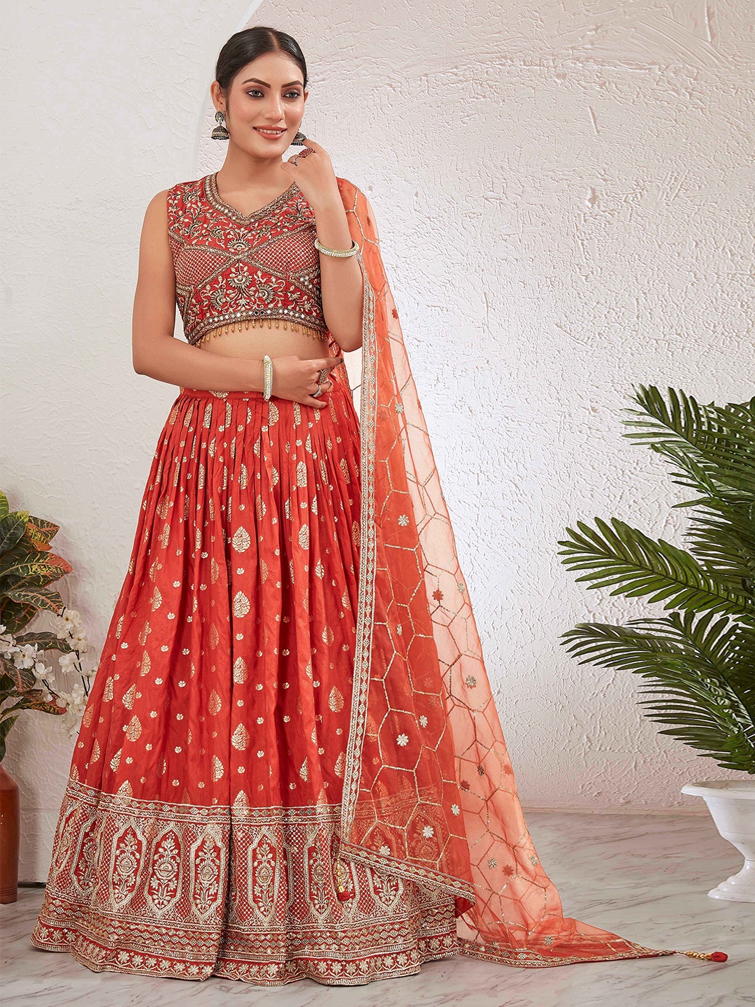 

Chandbaali Embroidered Ready to Wear Lehenga & Blouse With Dupatta, Rust