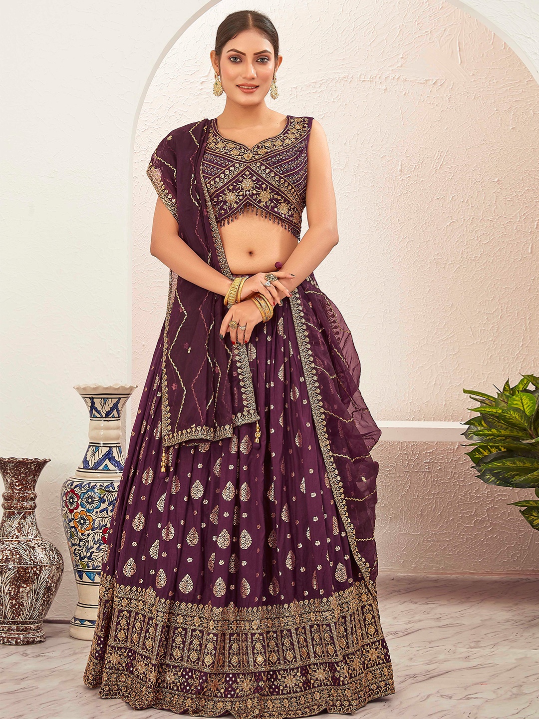 

Chandbaali Embroidered Ready to Wear Lehenga & Blouse With Dupatta, Burgundy
