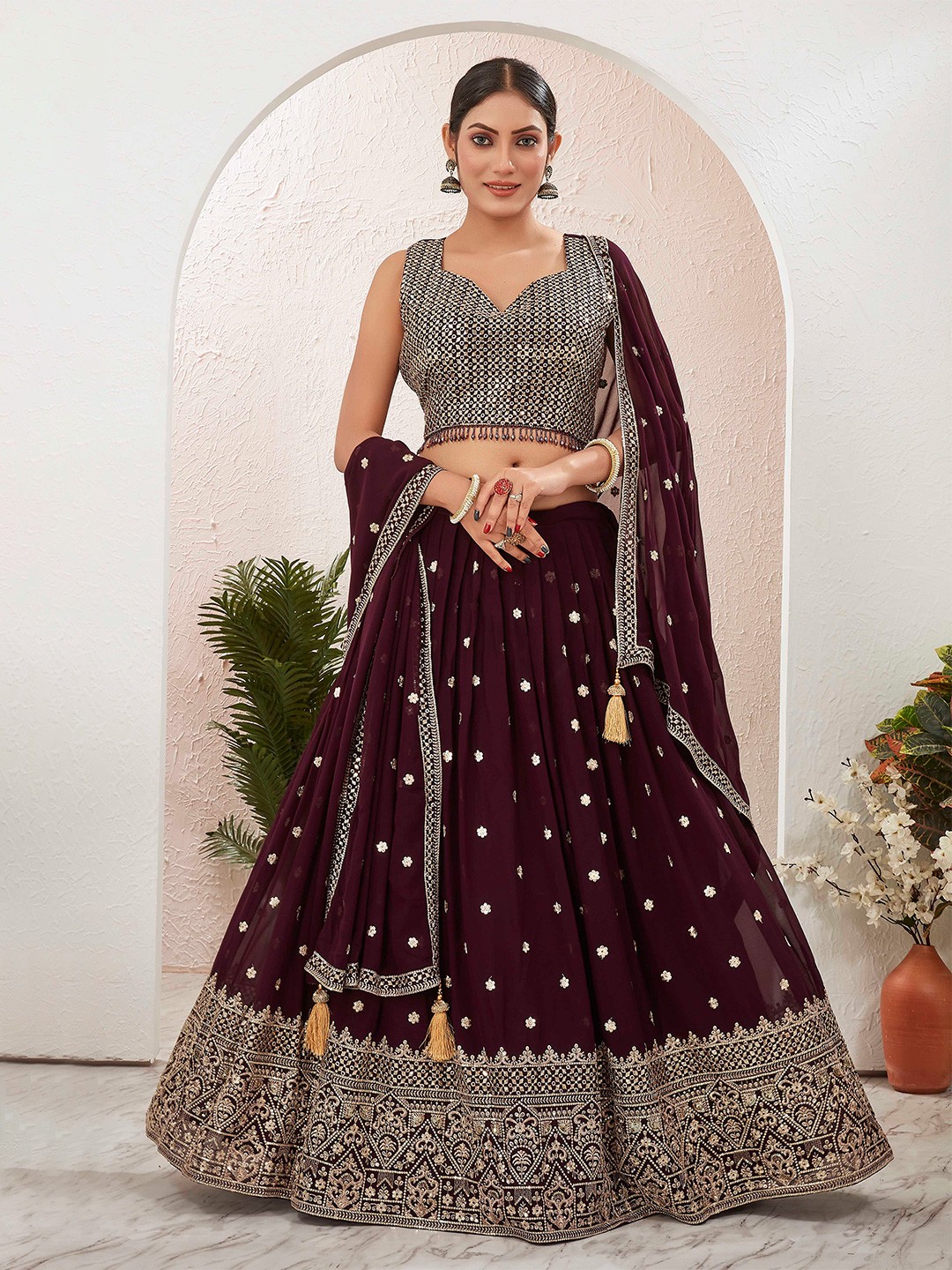 

Chandbaali Embroidered Ready to Wear Lehenga & Blouse With Dupatta, Burgundy