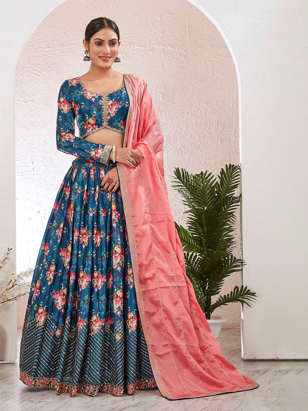 

Chandbaali Floral Printed Thread Work Ready to Wear Lehenga & Blouse With Dupatta, Blue