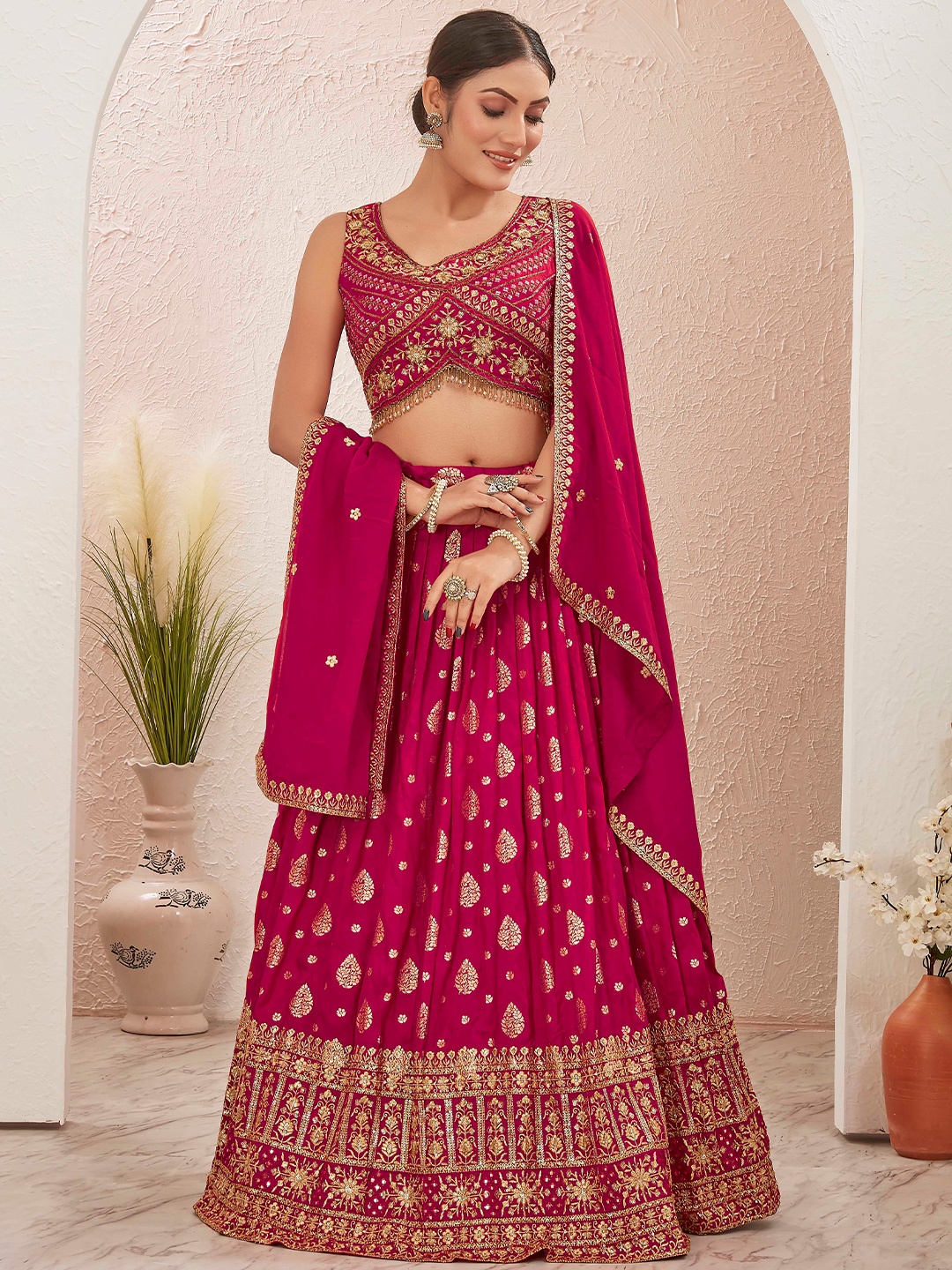 

Chandbaali Embellished Beads & Stones Ready To Wear Lehenga & Blouse With Dupatta, Pink