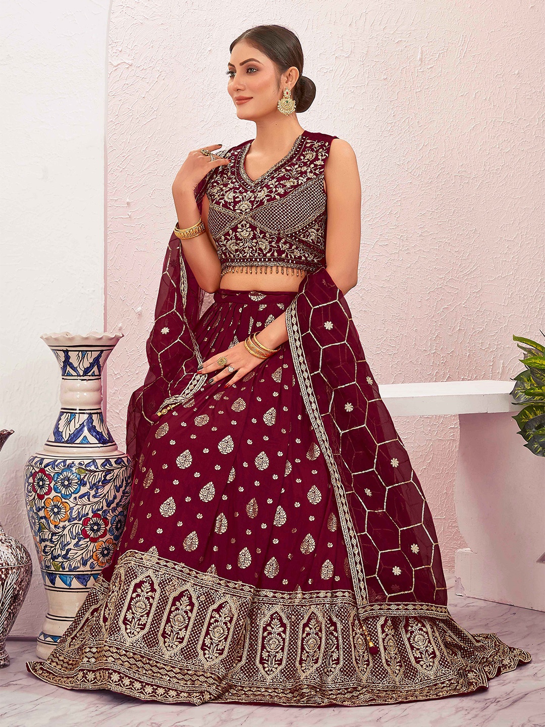 

Chandbaali Embroidered Thread Work Ready to Wear Lehenga & Blouse With Dupatta, Maroon