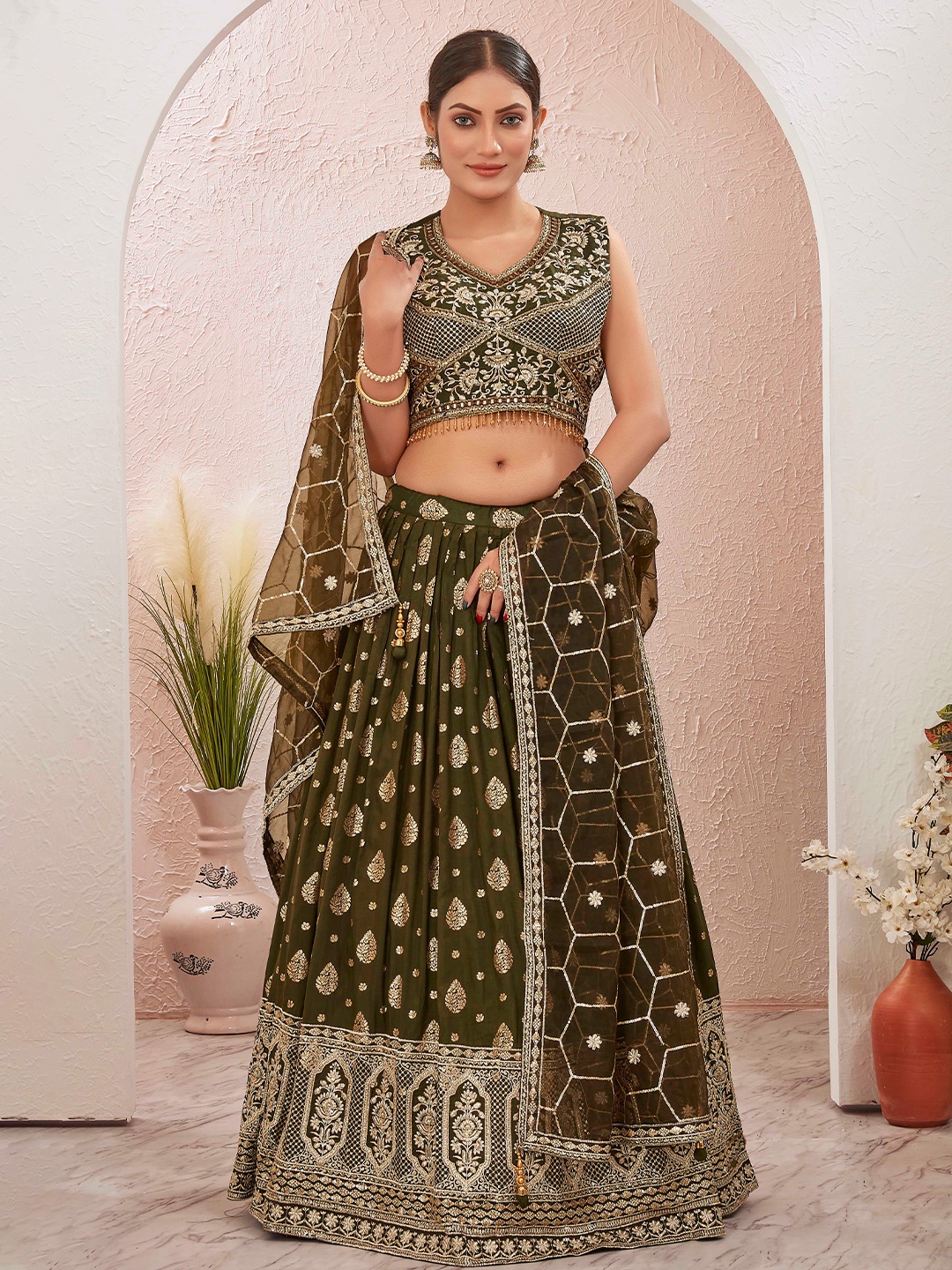 

Chandbaali Embroidered Ready to Wear Lehenga & Blouse With Dupatta, Green
